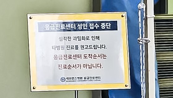 19일 오전 서울 서대문구 세브란스병원 응급실 앞에 ‘심각한 과밀화로 접수가 중단됐다’는 안내문이 적혀있다. 이찬규 기자