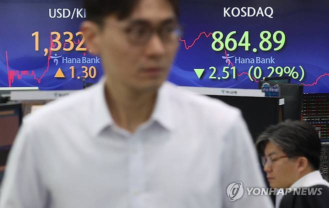 코스닥 약보합 출발 (서울=연합뉴스) 임화영 기자 = 27일 오전 서울 중구 하나은행 딜링룸 현황판에 코스닥 지수가 표시되고 있다.
이날 오전 9시 8분 현재 코스피는 전장보다 8.54포인트(0.32%) 내린 2,638.74을 나타내고 있다.
같은 시각 코스닥지수는 전 거래일보다 2.55포인트(0.29%) 하락한 865.06이다. 2024.2.27 hwayoung7@yna.co.kr