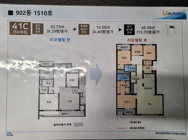 28일 서울 강남구 개포더샵트리에에 비치된 기존 평형과 리모델링 후 평형 비교 그림. 사진=최용준 기자