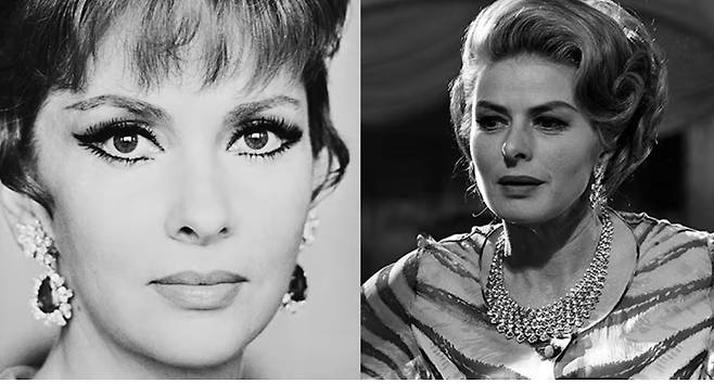 본인 소유의 불가리 이어링을 착용한 영화 배우 지나 롤로브리지다(1967년)와 영화 ‘방문’에서 다이아몬드 장식의 골드 네크리스를 착용한 잉그리드 버그만(1964년). 불가리 홈페이지.
