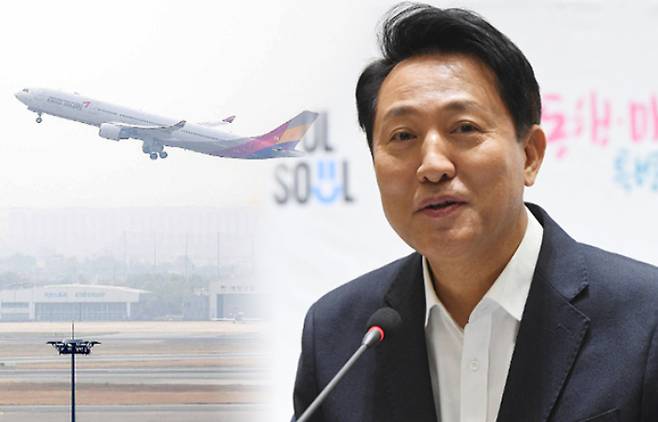 김포공항에서 여객기가 이륙하는 모습·오세훈 서울시장. 박종민·황진환 기자