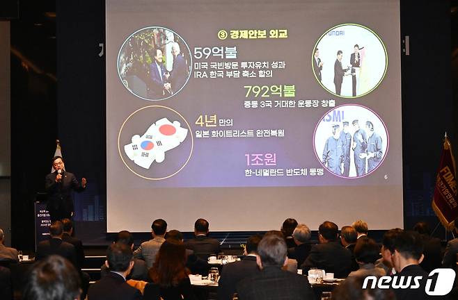 최상목 경제부총리 겸 기획재정부 장관이 14일 서울 그랜드 하얏트호텔에서 열린 중견기업 CEO 초청 오찬강연회에서 '활력있는 민생경제-2024년 경제정책방향'을 주제로 강연하고 있다. (기획재정부 제공)