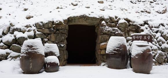 1801년 ‘신유박해(辛酉迫害)’가 일어나자 ‘황사영’은 배론마을로 숨어들었다. 옹기굴을 가장한 토굴 속에서 8개월 동안 숨어있던 중에 북경에 있는 구베아(Gouvea) 주교에게 보내는 편지를 썼다. 편지는 신앙의 자유를 위한 황사영의 열정을 담고 있었지만, 외세의 군대를 이용해 반란을 꾀하는 내용이 함께 들어 있었다. 황사영은 결국 붙잡혀 능지처참을 당해 26세의 나이로 생을 마감했다. 사진은 황사영이 편지를 쓰며 머물렀던 토굴의 모습이다. 사진 : 배론성당.