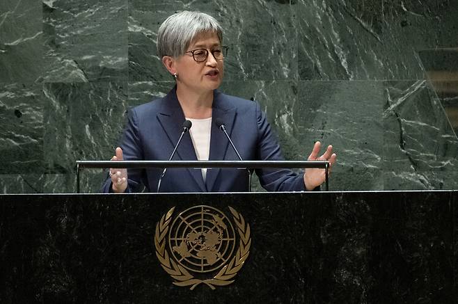 페니 웡 오스트레일리아 외교장관이 지난해 9월 22일 유엔 총회에서 연설하고 있다. AP 연합뉴스