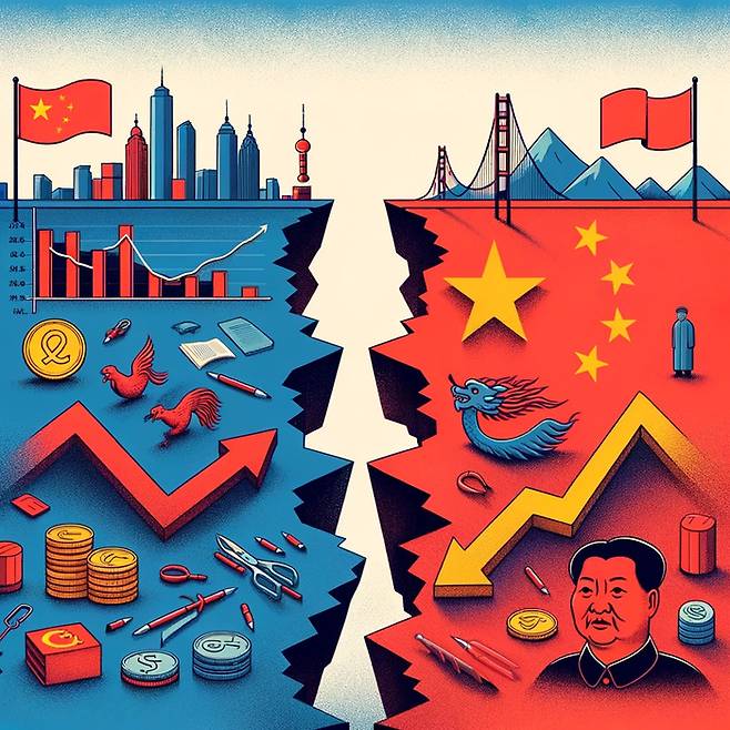 챗GPT가 경제난을 겪고 있는 중국 지도부가 민족주의 관련 직면할 수 있는 딜레마 상황을 형상화한 이미지.