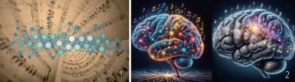 1 악보와 네트워크 그래픽의 합성 그림. 바로크음악의 거장인 바흐의 작품을 네트워크 이론으로 분석한 결과 수학적으로 완벽한 구조로 밝혀졌다. 미 물리학회 2 정하웅 KAIST 석좌교수 연구진이 인류 공통적으로 나타나는 음악적 본능이 별도의 학습 없이도 나타날 수 있는 진화적 결과라는 연구 결과를 발표했다. 사진은 이미지 생성 인공지능(AI)으로 표현한 뇌와 인공신경망의 음악성. /KAIST 제공