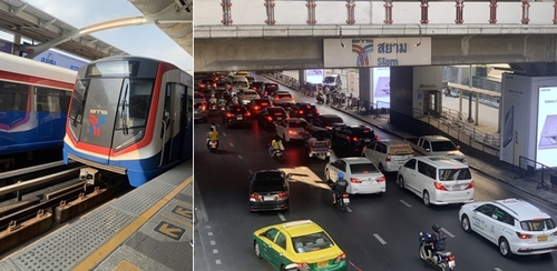(좌로부터)방콕의 대중교통 시스템(BTS) 스카이트레인, 시암역 일대 전경