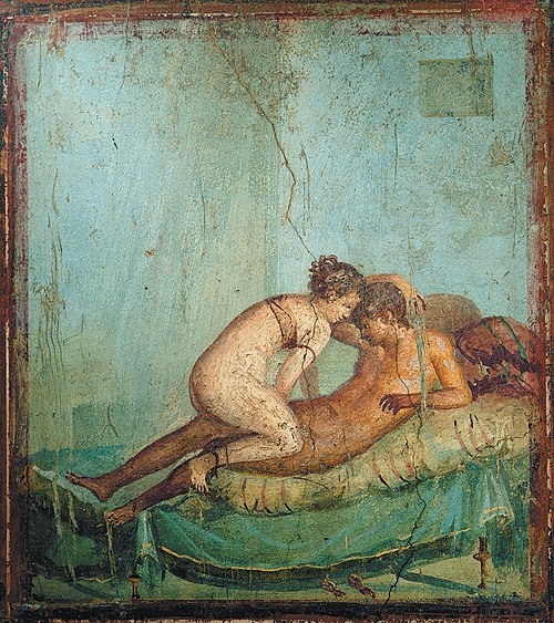 고대 로마에서 화장은 매춘과 동일한 용어로 불렸다. 매춘부가 하는 행위라는 이유에서였다. 사진은 폼페이에서 발견된 프레스코화. 매춘 장면을 묘사한 그림이다.