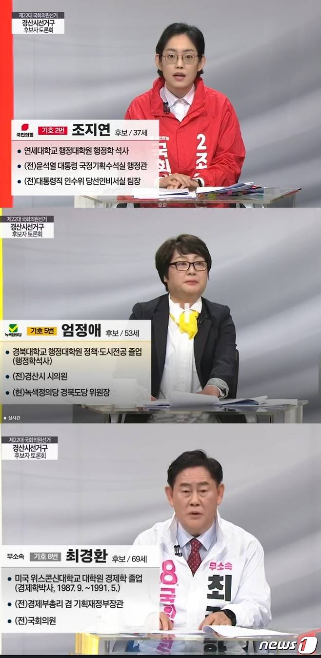 경산시 선거구 후보 TV토론 모습(KBS대구방송 갈무리)/뉴스1