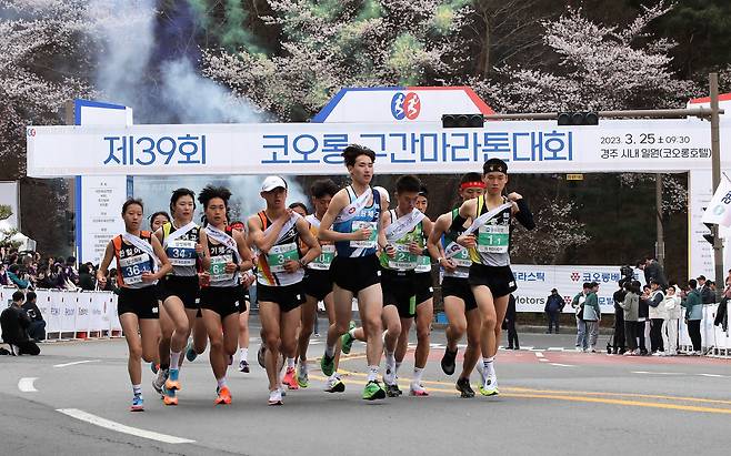 학생 선수들이 지난해 3월 25일 제39회 코오롱 구간 마라톤(경북 경주시)에서 출발 신호에 맞춰 달려 나가고 있다. /김동환 기자