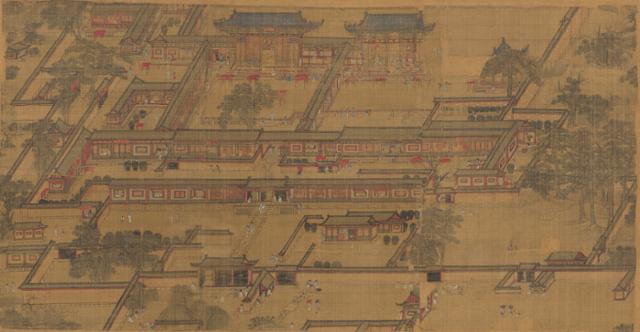 조선시대 '궁중숭불도'. 궁궐도 형식의 작품으로 여러 건물로 구성된 내불당에서 열린 법회 장면이 생생하게 묘사되어 있다. 호암미술관 제공