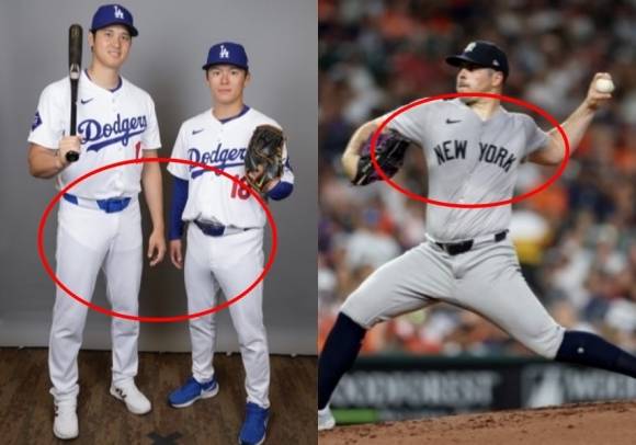 MLB LA 다저스의 오타니 쇼헤이와 야마모토 요시노부의 2024 시즌 미디어 데이 사진(왼쪽). 하의에 넣은 상의가 비쳐 보인다. 지난 29일 미국 텍사스주 휴스턴 미닛메이드 파크에서 투구하는 뉴욕 양키스의 선발투수 카를로스 로돈의 유니폼이 땀으로 젖어 있다. AP 연합뉴스·AFP 연합뉴스