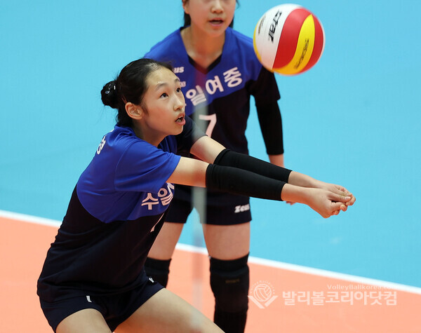 지난 20일 충북단양에서 열린 춘계중고배구연맹전에서 수일여중 김태경이 리시브하는 모습.