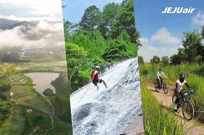 제주항공이 소개한 인터레스트립 여행지. (왼쪽부터) 달랏 골프여행, 캐녀닝, 자전거 투어. [제주항공 제공]