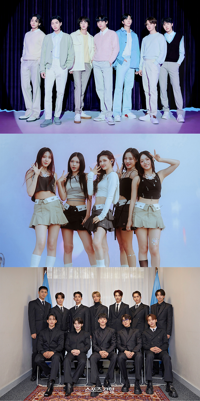 위부터 방탄소년단, 뉴진스, 세븐틴. 하이브 소속 가수들.