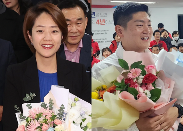 고민정(왼쪽) 더불어민주당 서울 광진을 당선자와 김재섭 국민의힘 서울 도봉갑 당선자. 뉴스1·연합뉴스