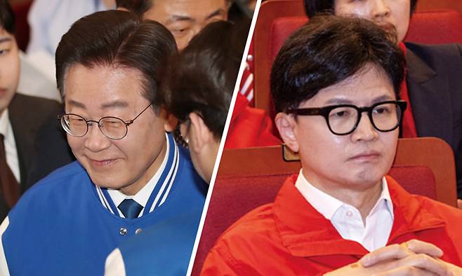 4월10일 22대 국회의원 선거 출구조사 결과를 보고 개표상황실을 나서며 미소 짓는 이재명 더불어민주당 대표와 굳은 표정의 한동훈 국민의힘 비상대책위원장(오른쪽 사진) ⓒ시사저널 박은숙·국회사진취재단