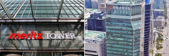 메리츠타워(왼쪽), 한화손해보험 사옥. <각 사 제공>