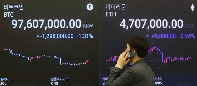 비트코인이 중동 위기에 10% 급락했다가 낙폭을 줄여가고 있다. 15일 오후 서울 강남구 업비트 라운지 전광판에 비트코인 시세가 나오고 있다./사진-뉴스1