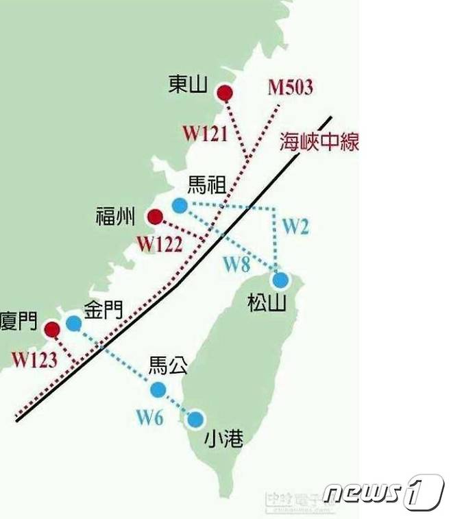 대만 해협 중앙선을 따라 이동하는 M503 항로. (사진 출처=대만 차이나타임즈)