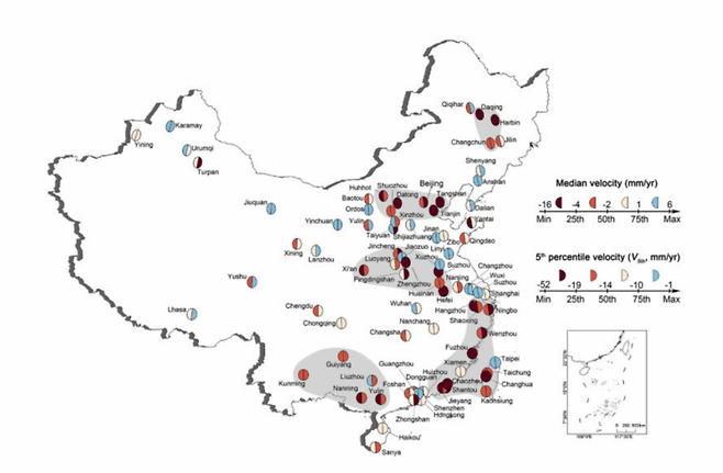 지반침하를 겪고 있는 중국 도시 지도 [사진출처=사이언스]