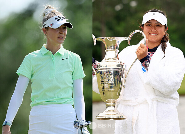 미국여자프로골프(LPGA) 투어 2024시즌 첫 메이저 대회 셰브론 챔피언십에 출전한 세계랭킹 1위 넬리 코다가 1라운드에서 경기하는 모습이다. 오른쪽은 릴리아 부가 지난해 우승한모습이다. 사진제공=ⓒAFPBBNews = News1