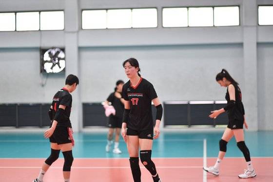 인도네시아 친선경기를 앞두고 훈련하는 여자배구 정관장 정호영. 사진 정관장