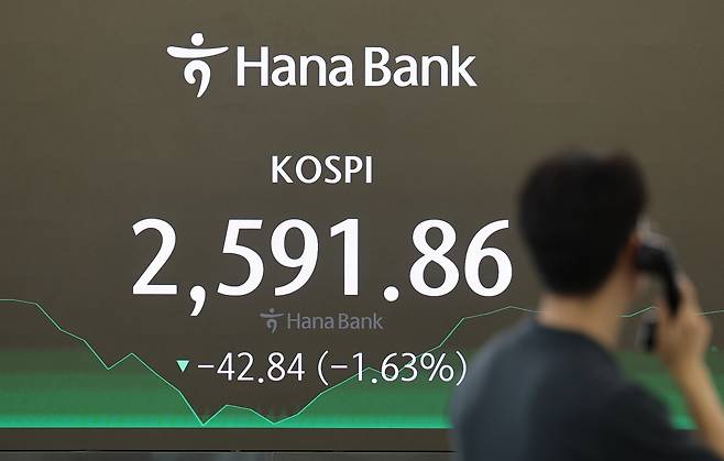 An electronic board in a dealing room of the Hana Bank headquarters in Seoul shows the Korea Composite Stock Price Index closed at 2,591.85 on Friday. (Yonhap)