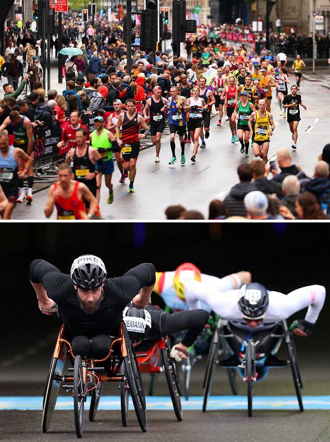 런던 마라톤이 올해 대회부터 장애인, 비장애인 상금 차별을 없앴다. 지난해 런던 마라톤에 참가해 달리고 있는 비장애인 선수들(위쪽 사진)과 장애인 선수들(아래쪽 사진). 게티이미지 코리아
