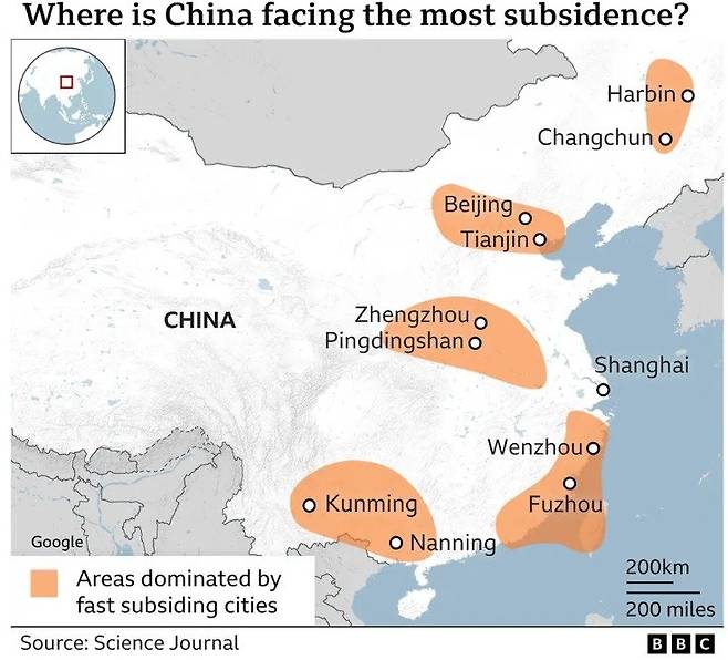 영국 BBC가 19일(현지시간) ‘중국 주요 도시들의 지반 침하에 대한 전국 단위 조사’ 논문을 분석해 표시한 중국 내 급속 침하 지역들.뉴스1
