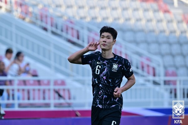 한국의 이영준이 19일(한국시각) 열린 2024 아시아축구연맹(AFC) U-23 아시안컵 B조 2차전 중국과 경기에서 선제골을 넣은 뒤 기뻐하고 있다. 대한축구협회 제공
