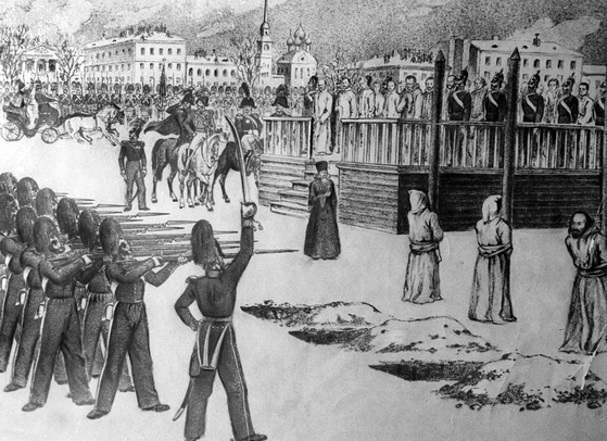 페트라 스키 관련자의 ‘세묘노프 광장 모의 처형 의식’. B. 포크롭스키(B. Pokrovsky) 그림(1849).