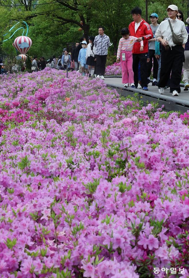 21일 서울 노원구 불암산 힐링타운에서 진행 중인 ‘2024 불암산 철쭉제’를 찾은 시민들이 만개한 철쭉 사이에서 즐거운 시간을 보내고 있다. 박형기 기자 oneshot@donga.com