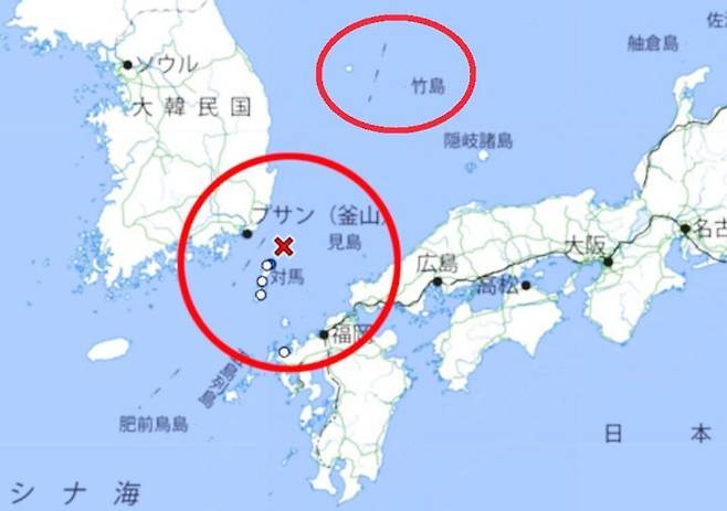 독도를 '다케시마(竹島)'라고 지칭하며 일본 땅으로 표기한 일본 기상청 지진 지도. [이미지출처=서경덕 성신여대 교수 연구진 제공]