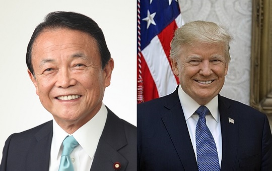 아소 다로 일본 자민당 부총재(왼쪽)와 도널드 트럼프 전 미국 대통령