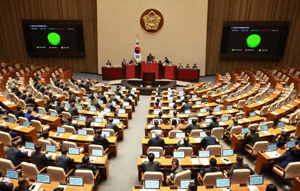 ▲지난해 11월9일 방송3법이 국회 본회의를 통과한 모습. ⓒ연합뉴스
