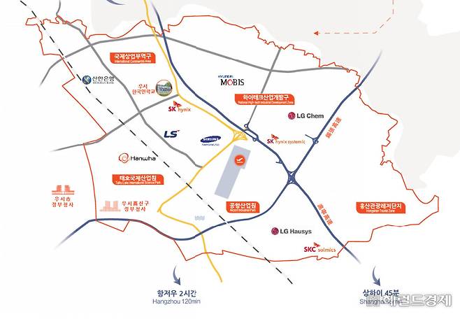 ‘특별경제구역’인 우시 고신구 내 한국 기업들의 위치 지도