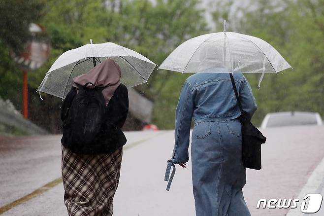 대구의 한 대학교에서 히잡(hijab)을 쓴 외국인 유학생들이 우산을 쓰고 캠퍼스를 걷고 있다./뉴스1 ⓒ News1 공정식 기자