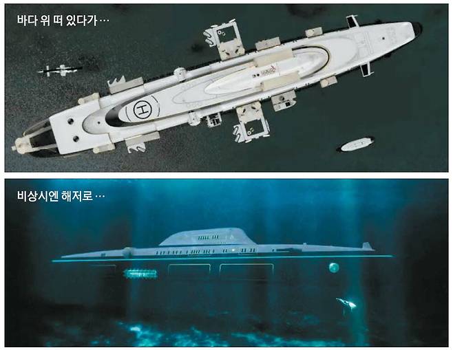 23일(현지시간) 오스트리아 선박 제조업체 미갈루가 공개한 세계 유일 민간 잠수정 슈퍼요트 'M5' 가상 조감도. 미갈루는 억만장자들을 겨냥해 지구 종말처럼 위기 상황에서 잠수함과 같은 기능을 하는 20억달러 상당의 초호화 잠수정을 만들겠다고 밝혔다. M5는 해수면 아래 250ｍ까지 내려가 최대 4주 동안 잠수할 수 있게 설계된다.  미갈루