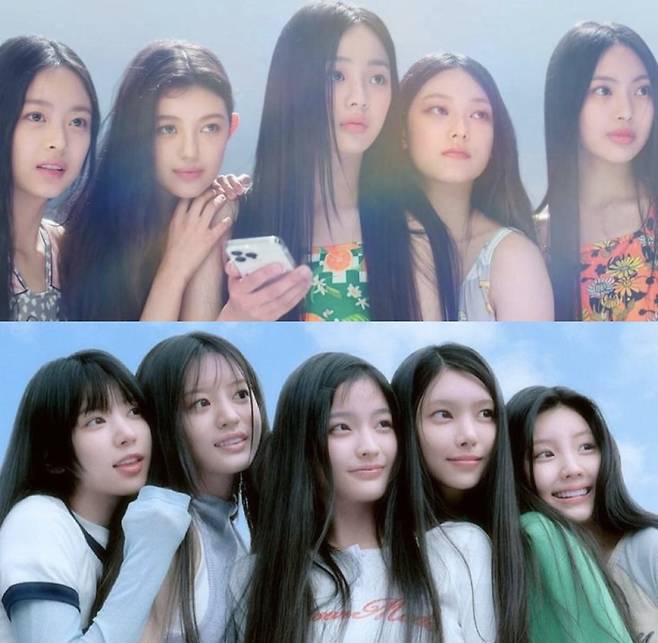 멤버 전원 긴 생머리 콘셉트로 데뷔한 뉴진스(위)와 아일릿. (온라인 커뮤니티 갈무리)