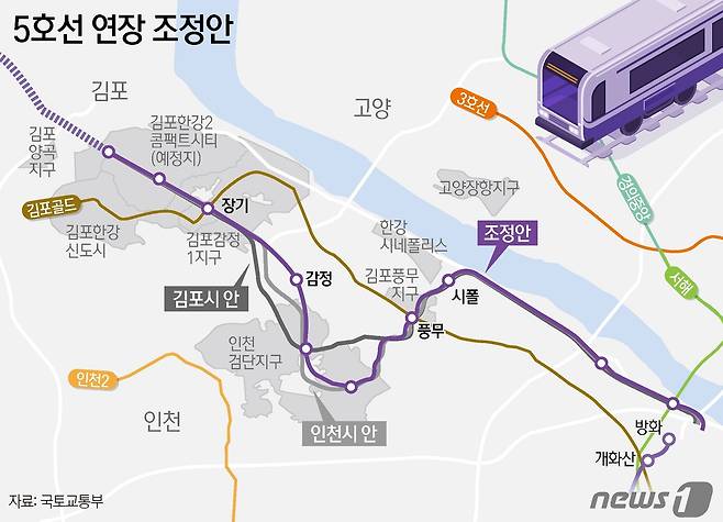 서울 5호선 김포검단 연장노선 조정안. ⓒ News1 김지영 디자이너