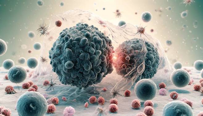 면역세포인 T세포의 종양 침투를 단백질이 방해하는 모습을 나타낸 그림./DALL-E