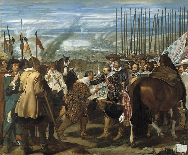 브레다의 항복(1634~1635). 네덜란드와의 전쟁 중 스페인군이 남부의 중요한 요새 브라반트의 브레다를 포위, 4개월만에 항복을 받아낸 일화를 그리고 있다. 그림 가운데 열쇠를 건네주는 네덜란드 지휘관, 지휘관의 섬세하고 예의바른 태도, 왼쪽 네덜란드군의 느슨한 군기, 오른쪽 스페인군의 창으로 대표되는 위엄 등 각 요소가 모두 빛나는 거대한 걸작이다. 신화와 종교 등 언급이 전혀 없는 최초의 순수한 역사화다. /프라도미술관