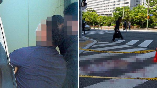 9일 50대 남성을 흉기로 찔러 도주한 혐의를 받는 A 씨가 경찰에 체포돼 연제경찰서에 인계되고 있다. 오른쪽은 A 씨가 범행을 저지른 부산법조타운 현장. 박수빈 이원준 기자