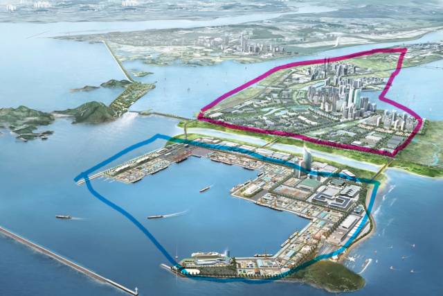 ▲새만금 2호 방조제를 사이에 두고 파란색이 신항만 조감도이고 빨간색 안에 있는 게 수변도시 조감도이다. ⓒ새만금개발청