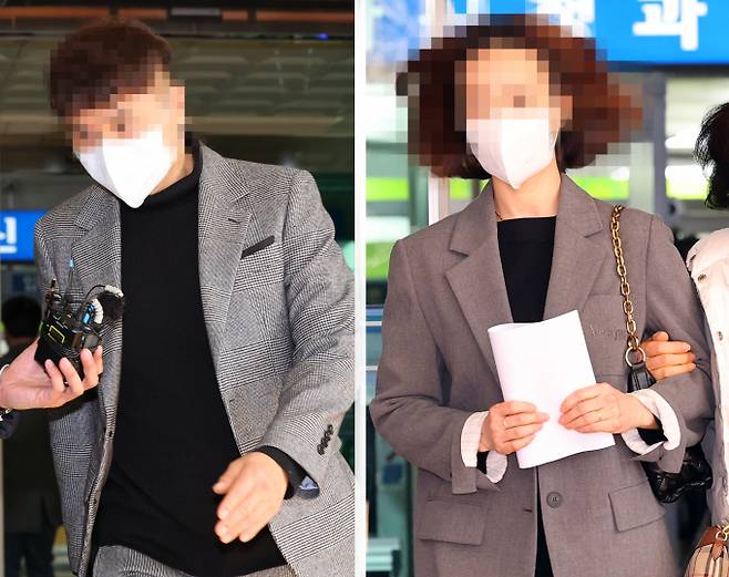 박수홍이 증인으로 출석하는 박수홍 형수 이 모 씨의 명예훼손 혐의에 대한 재판이 진행된다. 사진은 지난 2월 서울서부지법에서 열린 1심 선고 공판에서 징역 2년과 무죄를 각각 선고 받은 후 법원을 나선 방송인 박수홍 친형 박모(왼쪽) 씨와 배우자 이모 씨. /사진=뉴시스