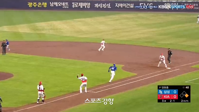 지난해 7월13일 광주-삼성전에서 KIA 투수 양현종이 송구를 시작하는 시점, 1루수 최원준과 사이에 주자 피렐라가 거의 일직선상에서 1루 파울라인 안쪽으로 달리자 양현종이 왼쪽으로 몸을 기울여 던지려 하고 있다. KBS N스포츠 중계화면 캡처