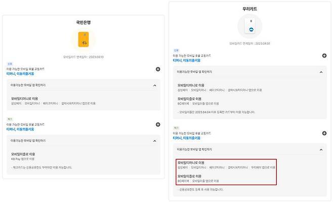 국민카드 신용카드는 모바일 티머니만 되고, 체크 카드는 모바일이즐만 지원합니다. 반면 우리카드는 종류와 관계없이 모바일 티머니와 이즐까지 다 쓸 수 있습니다 / 출처=K패스