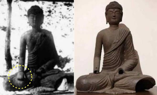 흥룡사 출토 당시 석가모니불 사진(왼쪽)에는 손이 보이지만, 최근 촬영된 같은 불상의 사진에는 손이 보이지 않는다./ 연합뉴스