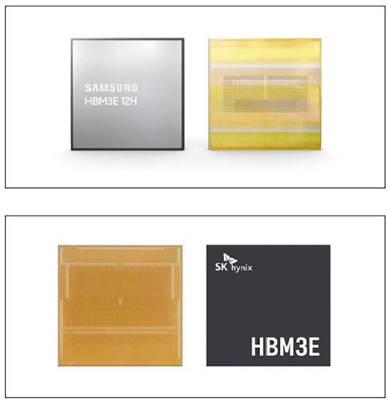 5세대 HBM3E 이후 적층 난도가 큰 폭 뛰면서 6세대부턴 미세 공정에 특화한 파운드리 역량 확보가 화두로 떠올랐다. 사진은 삼성과 SK의 HBM3E 반도체.